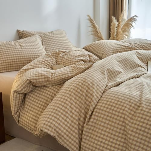 LifeTB Brown Gingham Duvet Cover Set Queen Beige Tan Plaid Checkered