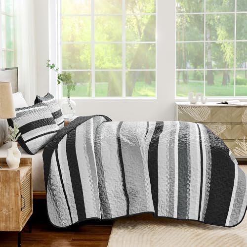 WONGS BEDDING Striped Quilts King Size Set, Black Lightweight