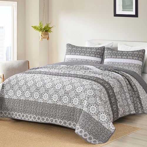WONGS BEDDING Boho Quilt Full Set,3 Pcs Grey Floral Striped Bedspread