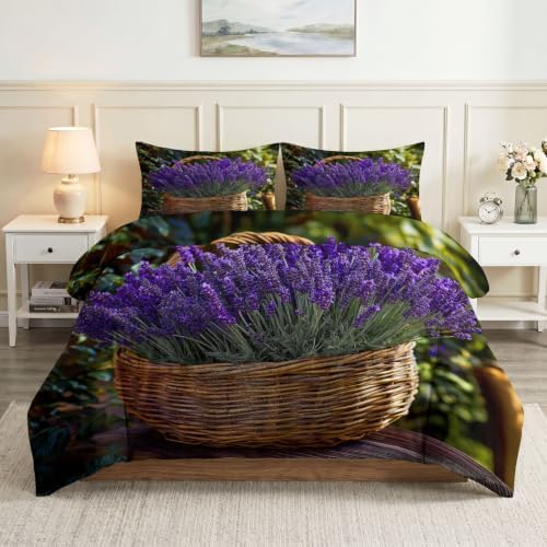 Queen Duvet Cover Set Plants and Floral Lavender Bedding with