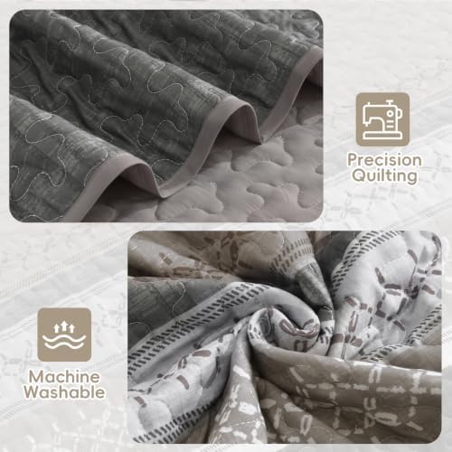Cottolester Quilt Set Queen,Taupe Grey Striped Patchwork Bedspread