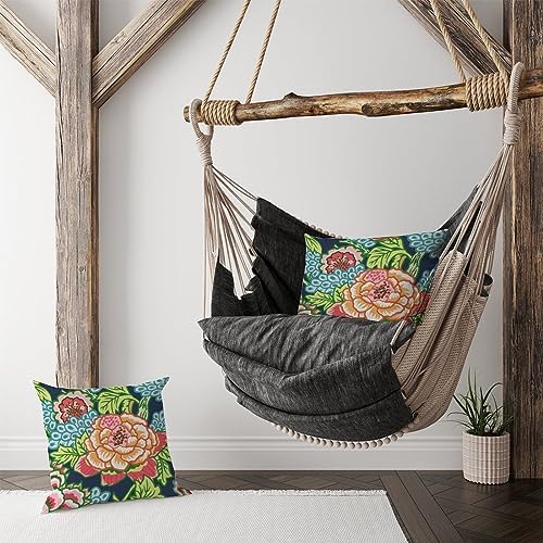 Chinoiserie Throw Pillow Cushion Teal Navy Peony Floral Pillow Cover