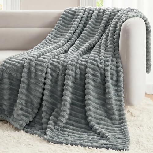 CozyLux Gray Twin Blanket for Bed, Ribbed Fleece, 60 x 80 Inch