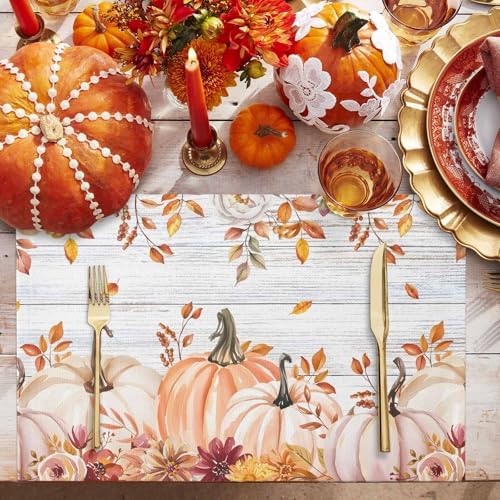 Placemats Set of 8, Thanksgiving Pumpkin Retro Plank Washable Table