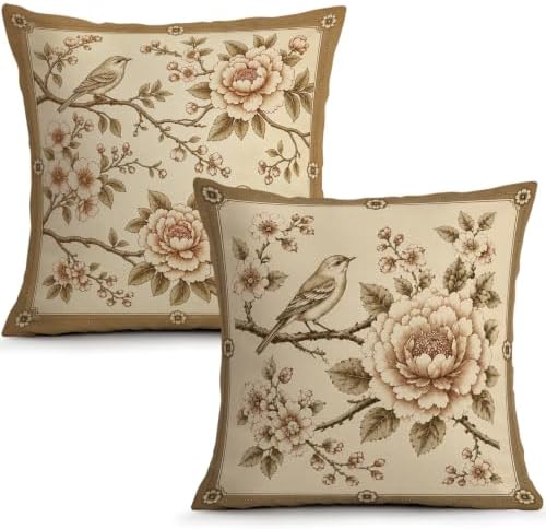 Vintage Beige Rose Bird Throw Pillow Covers Set of 2 18x18 Botanical