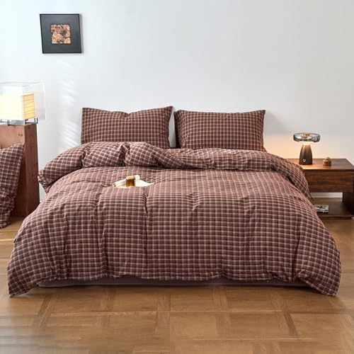 Burgundy Checkered Washed Cotton Duvet Cover Queen