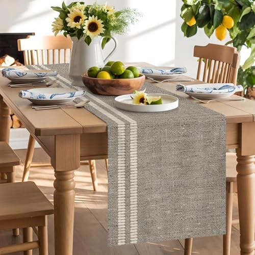 Flax Gray Dining Table Runner Oatmeal Beige Woven Fabric Texture
