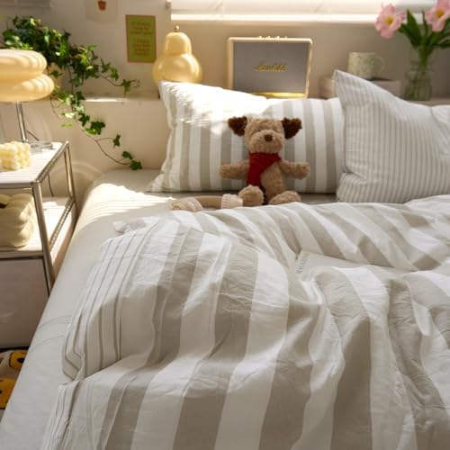 Retro Striped Duvet Cover Set Twin XL, Soft Microfiber Khaki Grey