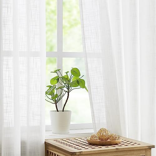 White Sheer Curtains for Living Room 84" Linen Textured Light