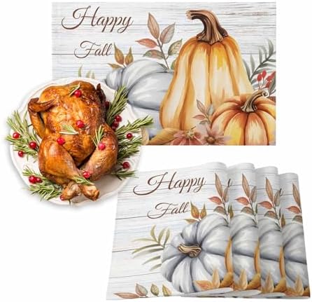 Placemats Set of 8, Fall Thanksgiving Harvest Pumpkins Washable Table