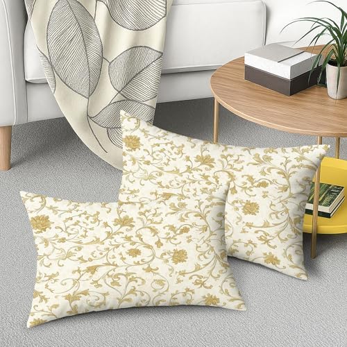 Elegant Floral Pillow Covers Set of 2, Cream and Gold Decorative