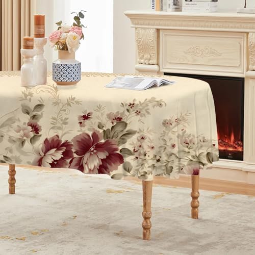 Striped Floral Print Oval Table Cloth, Waterproof Duty Vinyl Plaid