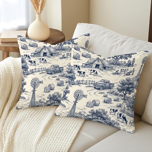Barn Throw Pillow Covers Set of 2, Rustic Farmhouse Cow Winnowing Fall