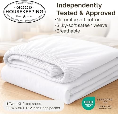 Soft Natural 100% Cotton Sateen Twin XL Fitted Sheet, Light Grey