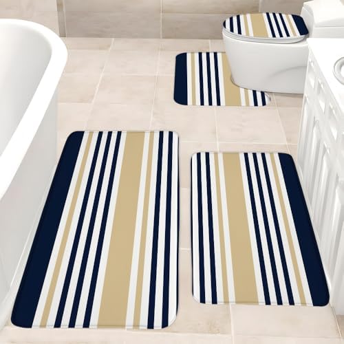 4 Pieces Bathroom Rugs Set Navy Blue Khaki Bath Mat Abstract Geometric