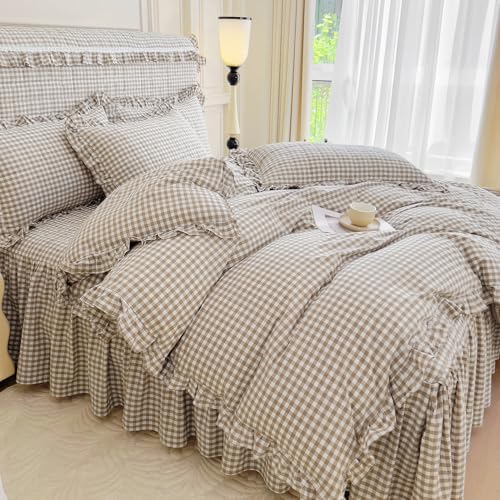 mixinni Tan Gingham Ruffle Duvet Cover Twin XL Size 3 Pieces – 100%