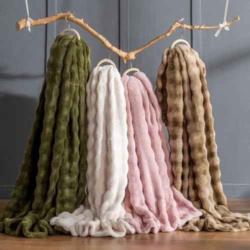Faux Fur Bed Blankets King Size Pink, Soft Fluffy Bubble Blanket for