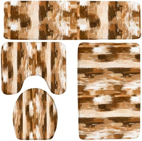 4PC Abstract Brown and White Brushstroke Bath Mat Sets Oil Painting