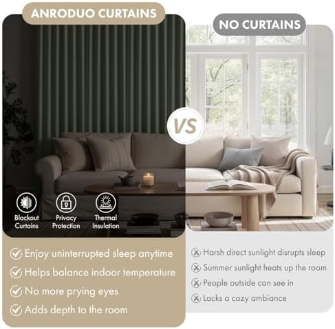 ANRODUO Sage Green Back Tab Blackout Curtains 72 Inch Long 2 Panels