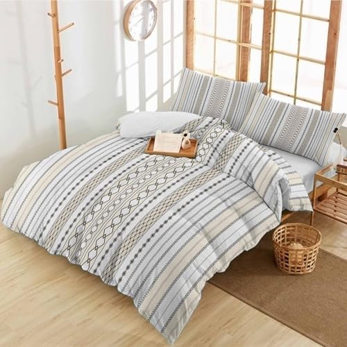 Duvet Cover Set Full, Gray Stripes Boho Ethnic Style 3 Piece Bedding