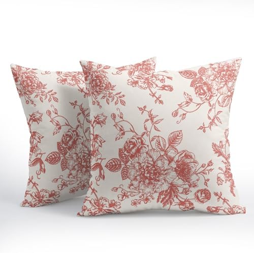 Coral Floral Pillow Covers 20x20 Inch Set of 2 Vintage Flower Coral