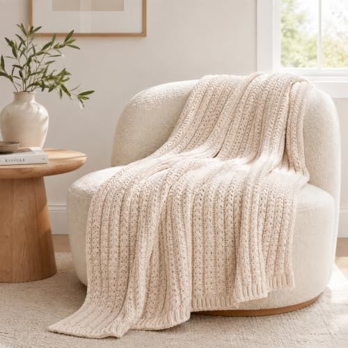 Chenille Knit Throw Blanket, Cream 50x60