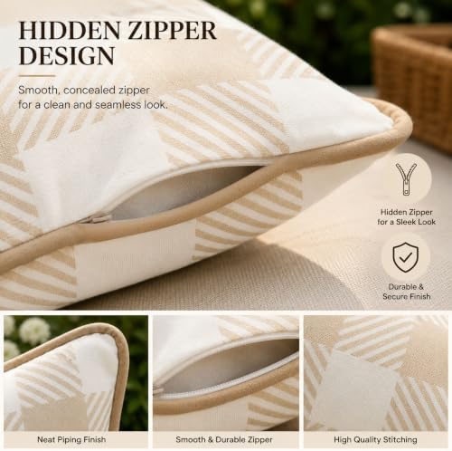 Waterproof Outdoor Pillow Covers 18x18, Set of 2, Beige and White