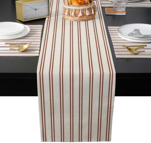 Stripes Table Runner and Placemats Set of 6 Light Khaki Cotton Linen