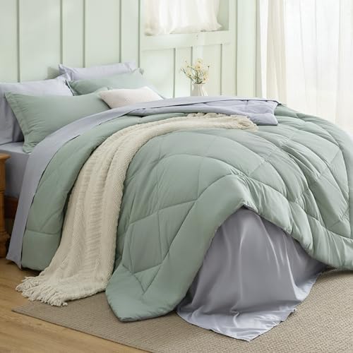 Bedsure Queen Bed in a Bag Reversible Bed Set 7 Pcs Sage Green/Light