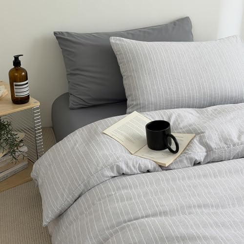 3Pcs Vintage Gray Striped Duvet Cover Set King Size Retro Textured
