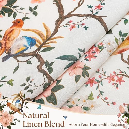 Beige White Floral Bird Linen Curtains 63 Inch 2 Panels for Living