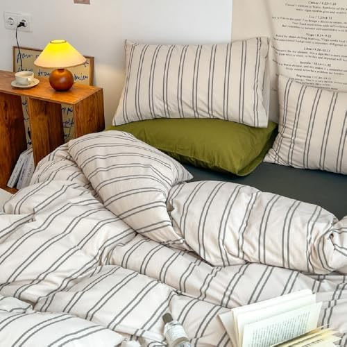Striped Duvet Cover King Size Beige Grey Green Stripes Bedding Set