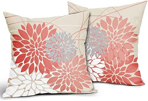 Coral Pillow Covers 18x18 Inch Dahlia Flower Dark and light Coral Pink