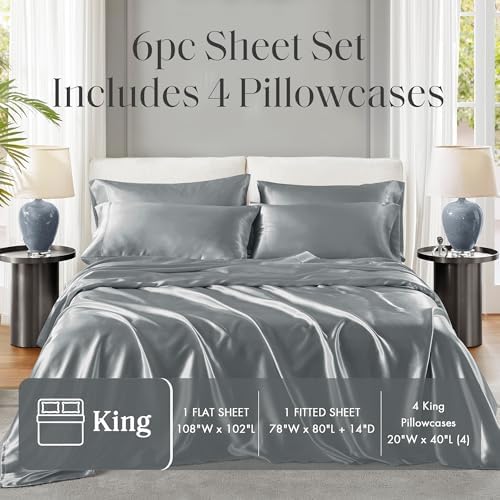 Madison Park Essentials Satin Sheets King Size Bed Set, 6 Piece, Grey