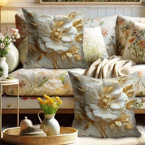 Elegant Floral Throw Pillow Covers Set of 2, Cream White and Gold