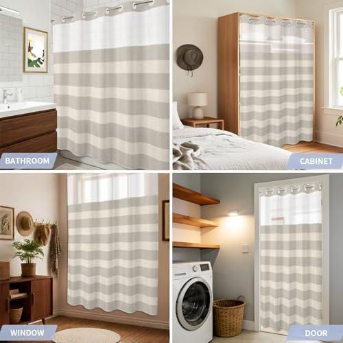 No Hooks Shower Curtains,Minimalist Taupe Stripes Waterproof Shower