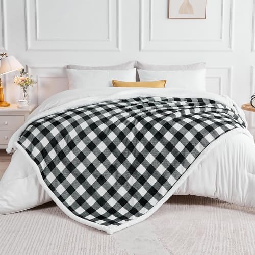 BEDELITE Black Whtie Buffalo Plaid Sherpa King Blanket for Bed