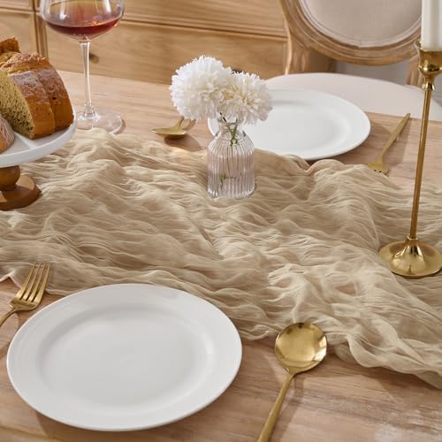 12 Pack Tan Beige Cheesecloth Table Runners, 120 Inch 10Ft Gauze Table