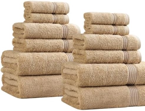 Highly Absorbent Solid Egyptian Cotton Bath Towels Set of 12 - Toast