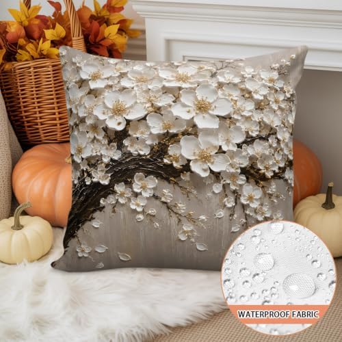 Outdoor Pillow Covers 18 x 18 Inches, White Floral Tree Waterproof