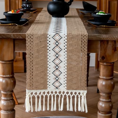 EMMTEEY Macrame Table Runner Boho Style 108 Inches Long, Brown White