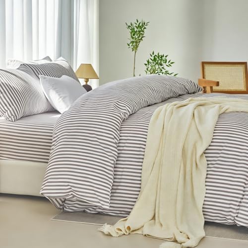 LIFETOWN Striped Duvet Cover Set 100% Washed Cotton Linen Feel Natural