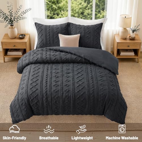 Maple&Stone Boho Duvet Cover Queen, Dark Grey Tufted 3-Piece Set