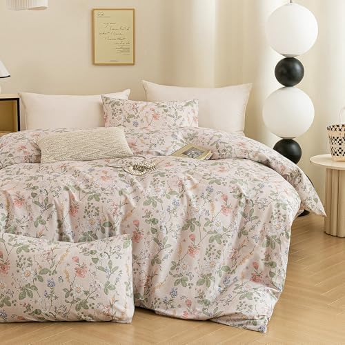 ECOCOTT Floral Duvet Cover Queen Size, 100% Washed Cotton 3 Piece