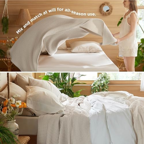 Bedsure Grey Woven Blanket and Beige Linen Waffle Weave Blanket,90x90
