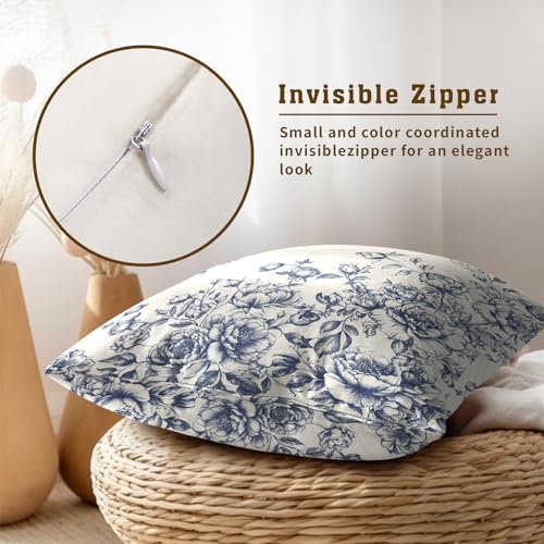 White Blue Floral Pillow Covers 22x22 Inch Set of 2, Vintage