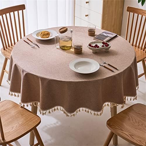 Dimatic Linen Textured Round Tablecloth with Tassel - Waterproof Spill