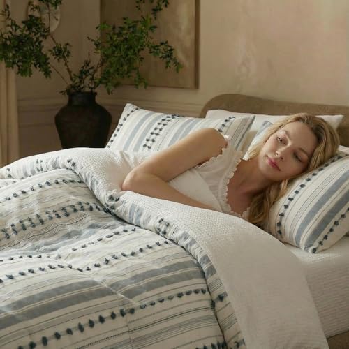 100% Cotton Duvet Cover Queen Size – Gray Yellow Striped Bedding Set