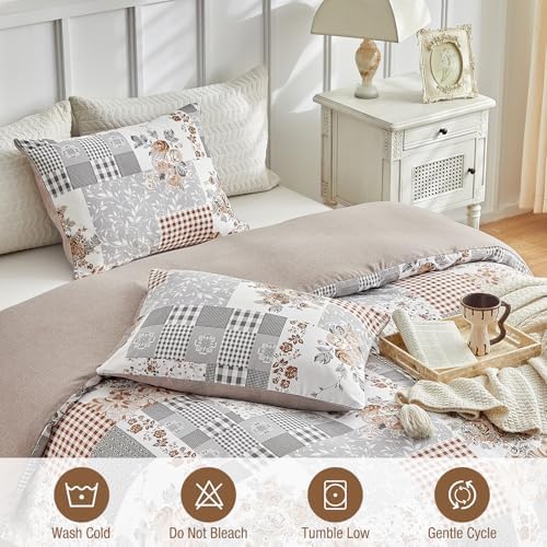 Lekesky Reversible Duvet Cover Queen Size, Grey Floral Patchwork