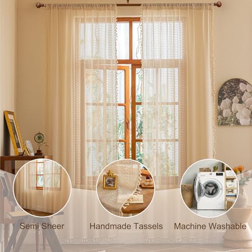 Sutuo Home Beige Boho Vintage Lace Curtains 108 inches Long for Dining